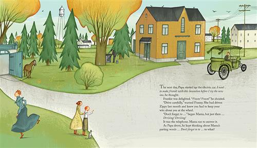  A street goes past an orange house. To its right are white houses and electricity lines. To its left is a yard and a stable. In the yard, a woman runs away from the street. Two children watch the road. An antique car with open sides drives up. The text says that the father starts the electric car. The family tells him to be careful. The mother tells him not to forget something, but is interrupted by the phone. She runs to answer it. The father wonders what he shouldn’t forget. 