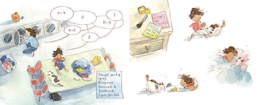  This image is a double page spread. To the left is a kitchen. A child with medium skin tone looks into a fridge. The text is on a sticky note. Text: Hi, Sweetie. Your lunch is in fridge. We will have movie night before you go. To the right is a fenced-in yard with a fruit tree. A boy with light skin tone uses his hands and knees to lift a child with medium skin tone up to the fruit. The text is on sticky notes. Text: I’m not going Not EVER! Hanging out with Eli after school. 