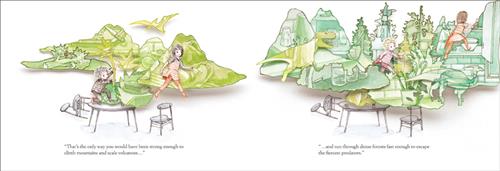  This image is a double page spread. To the left, is a table. On top, a boy holds a tree that grows out of a picture of broccoli. It becomes a green collage that grows above. It has dinosaurs, broccoli, and mountains. Text: “That’s the only way you would have been strong enough to climb mountains and scale volcanoes” To the right, the collage grows. It has dinosaurs, trees, and a kitchen counter. The boy and a girl are in it. Text: “and run through dense forests fast enough to escape the fiercest predators.” 