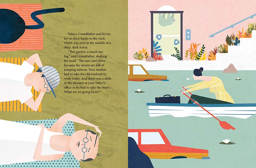  A man and a boy with glasses and light skin tone sit at a long red table with different foods. The boy has a glass of water and a straw. A black cat sits beside the boy. The sky is orange. Text: At lunch, Tokyo put the seeds on the table. Grandfather looked at the seeds. Then he looked up at the small piece of sky peeking out between the tall buildings. “Today is a good day for planting,” he said. Tokyo gulped down his glass of water, pretending he was a city drinking up a deep, cold lake. 