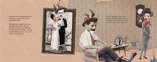  This image is a collage. In a living room is a framed photo of a man and woman with light skin tone on their wedding day. The man’s shoes are large and extend out of frame. The man and woman are in the living room. He sits wearing large shoes that are split open at the toe. She vacuums. The text says everyone knew Abukacha because he had the biggest shoes in the world. He wore them for work and travel and they are worn out and dirty. He sees his toes poking out and decides to buy a new pair. 