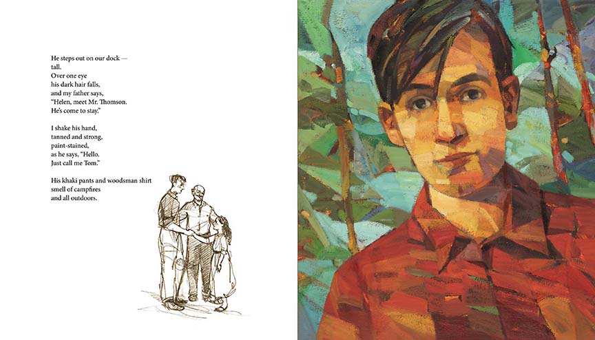  Water reaches the edge of a rocky beach. A girl with medium light skin tone sits on the rocks with a paper in her hands. Behind her are trees and grass. Text: On West Wind Island, at Go home Bay, I’m swimming—brrr—picnicking, rowing, reading through the long and away June, July days. 