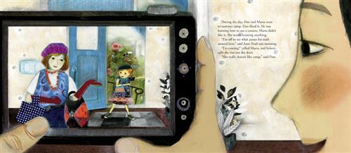  An up-close view of a person with medium light skin tone holding a digital camera up to take a photograph inside a house. The image on the camera screen shows a woman with light skin tone and a girl with medium light skin tone standing by the open front door. They both wear berets, patterned outfits, and patterned purses. Text says that Aunt Pearl is going to look through trash. Marta, her niece, asks to join instead of going to camp. 