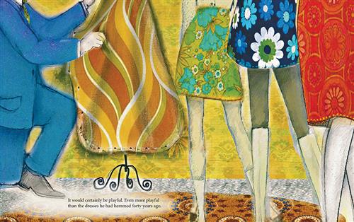  Only the lower halves of three women and a man are visible. The women are all wearing different floral-patterned skirts in different colours. The man is wearing a blue suit and kneels on one knee. He is beside a dress form that has fabric draped and pined into the shape of a dress. Text: It would certainly be playful. Even more playful than the dresses he had hemmed forty years ago. 