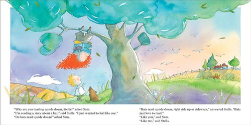  A large tree is in the middle of a field. A girl with light skin tone hangs upside down from a branch reading a book. Below, a boy with light skin tone with a brown dog has a hand in the air. Text: “Why are you reading upside down Stella?” asked Sam. “I’m reading a story about a bat,” said Stella. “I just wanted to feel like one.” “Do bats read upside down?” asked Sam. “Bats read upside down, right side up or sideways,” answered Stella. “Bats just love to read.” “Like you,” said Sam. “Like me,” said Stella. 