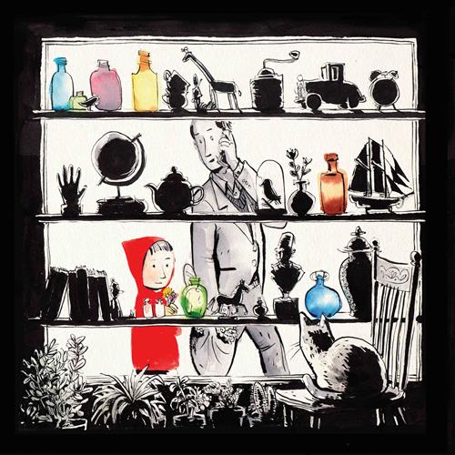  This image is in shades of black and white. A sidewalk has flowers growing in its cracks, and three brown birds walk about. A girl in a red hoodie reaches for a purple flower growing in the sidewalk crack. She holds three yellow flowers in her other hand. The shadow of a man with a cellphone to his ear is on the sidewalk and the top of his head is in the corner. 