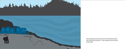 There is a body of water set in front of the silhouette of a forest of trees. The shore is grey and lined with rocks. On the shore is the silhouette of a person bending down toward the ground. Along the shore is an illustration of spherical shapes and crescents in shades of blue. Text: Step carefully so you don’t slip on the rocks. Many of them are covered with barnacles — tiny creatures that live inside sharp shells. 