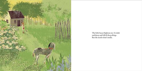  A full garden lines the grassy path to a small house. Beyond the grassy path are many trees. A woman with light skin tone and orange hair walks along the path toward the house. A dog stands at the beginning of the path watching her. Text: The little house frightens me. It’s dark and dusty and full of sharp things. But she needs what’s inside. 