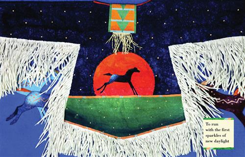  A tunic is spread out. On it is a black horse in front of a red moon. Yellow stars are in the sky. White fringe hangs from under the sleeves and the bottom hem. Drawings of horses are behind the tunic. Text: To run with the first sparkles of new daylight. 