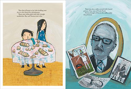  A boy and a girl with light skin tone by a table of sandwiches. Text: Then they all went to the little building next door to the church for refreshments. To the right are four photographs. The largest photo is of a man with light skin tone wearing glasses. Then him by a barbecue. Then him and a woman holding hands in winter jackets. Then him in a tuxedo. Text: There was also a table covered with framed pictures. They were of Uncle Frank. Norma thought of him in the coffin, under those flowers. 