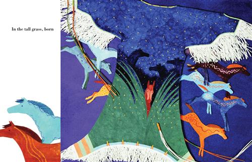  A dress is spread out. On it is a red horse, peaking through tall, green grass. Yellow stars are in the night sky, and the silhouettes of other horses are in the grass behind. Under the sleeves and the bottom hem of the dress are lined in white fringe. The hem is curved upwards in the middle. Blue, orange, and black drawings of horses are behind the dress. Text: In the tall grass, born. 