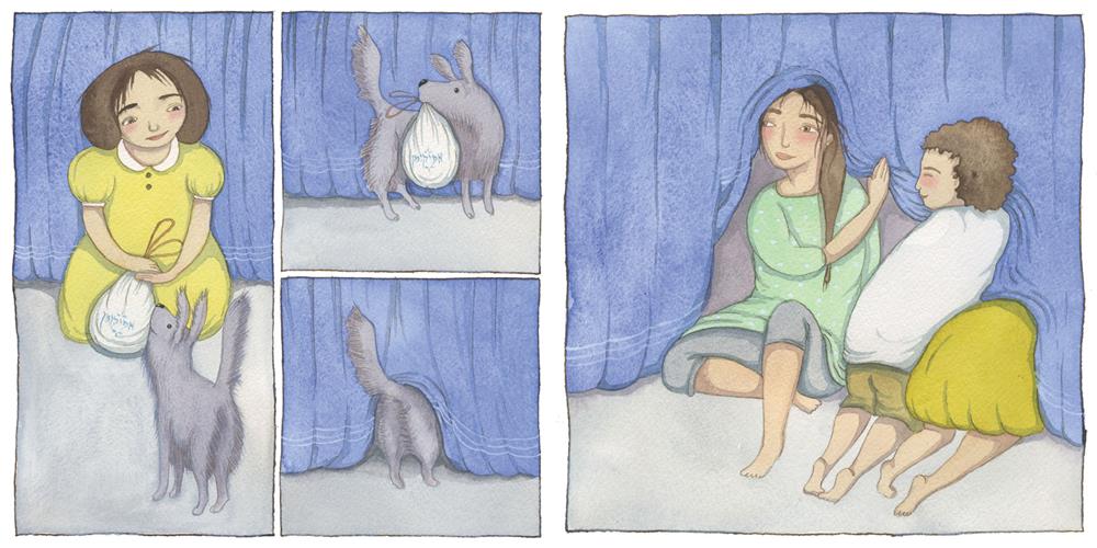  The image is divided into four panels. Panel 1: A girl holds a white bag with the word “Afikomen” on it in Hebrew; a gray dog watches. She has medium-light skin tone, brown hair and a yellow dress. Panel 2: The dog holds the bag in its mouth. Panel 3: The dog heads under a blue tablecloth. Panel 4: The girl and two older children with medium-light skin tone begin to crawl under the cloth. The oldest girl faces the reader; the boy looks over his shoulder. The youngest girl’s head is under the cloth. 