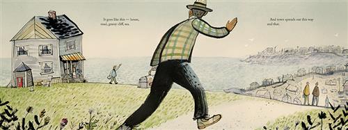  A hill has a path through grass and a house is on one side of it. Down the hill is a town, and people are walking along the path toward the bottom of the hill. Beside the town is the sea. A man on the path waves to a man outside of the house on the hill. Text: It goes like this—house, road, grassy cliff, sea. And town spreads out this way and that. 