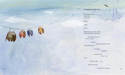  Snow covers the ground. Four bats, one brown, one red, one blue, and one yellow, hang from a line. The text is a poem called “Dreaming Upside Down.” 