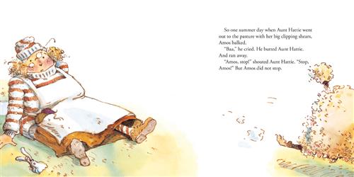  A woman with light skin tone is on the ground. She is wearing red and white striped clothes, a red and white striped hat, and glasses. Her glasses are broken and askew on her face. A pair of shears are on the ground beside her. A sheep runs away from her. Text: So one summer day when Aunt Hattie went out to the pasture with her big clipping shears, Amos balked. “Baa,” he cried. He butted Aunt Hattie. And ran away. “Amos, stop!” shouted Aunt Hattie. “Stop, Amos!” But Amos did not stop. 