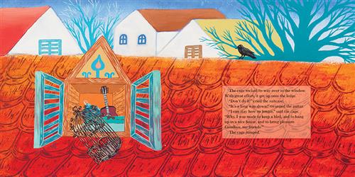  There is a neighbourhood of houses. On the roof of one house is a small window. A birdcage is falling out of the window. Text: The cage rocked its way over to the window. With great effort, it got up onto the ledge. “Don’t do it!” cried the suitcase. “It’s a long way down!” twanged the guitar. “I can stay here no longer,” said the cage. “Why, I was made to keep a bird, and to hang up in a nice house, and to bring pleasure. Goodbye, my friends!” The cage jumped. 