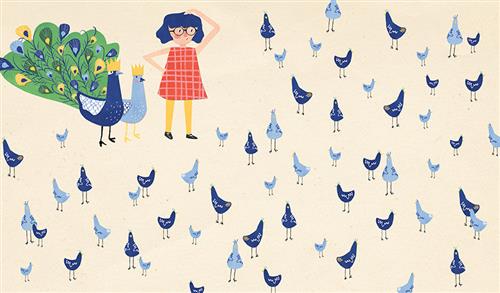  A large group of young blue and light blue peacocks and peahens stand together. In front of them are a full-sized peacock and peahen. They both wear gold crowns. The peacock has green, blue, and gold feathers fanned out behind it. A girl with light skin tone is beside them. She has one hand on her hip and one on her head. 