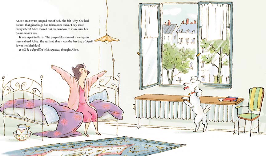  A woman with light skin tone is writing. Then, she is with a poodle. Paper flies between the scenes. Next, another woman with light skin tone mops a kitchen. Then, she is at a typewriter. Then she has groceries. Then she stands at a desk with the first woman, who sits. Paper and produce fly between the images. The text says Gertrude is a writer who works at night and thinks about writing in the day. Alice cooks, cleans, types, shops, and encourages Gertrude. Others don’t appreciate or understand her work. 