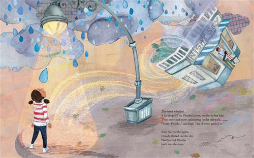 A girl with medium dark skin tone is by a streetlamp on a corner. She looks into the sky. Rain starts to fall. A store called “Night Sky” blows down the street in the wind. A man and a girl with medium dark skin tone look out the doorway. Text: The wind whistled. A fat drop fell on Phoebe’s nose, another in her hair. Then more and more, splattering on the sidewalk. “Sorry, Phoebe,” said Dad. “We’d better pack it in.” Rain blurred the lights. Clouds blotted out the sky. Dad hurried Phoebe back into the shop. 