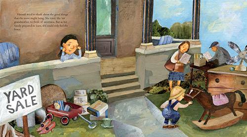  A front yard has a sign that reads, “Yard Sale.” Items are gathered together in piles in the yard. A woman and a child with light skin tone, as well as an older man with dark skin tone, look at the items. A girl with medium skin tone on the porch with her head in her hands looks out at the yard. Text: Hannah tried to think about the good things that the move might bring. She tried, like her grandmother, to think of sweetness. But as her family prepared to leave, she could only feel the bitter. 