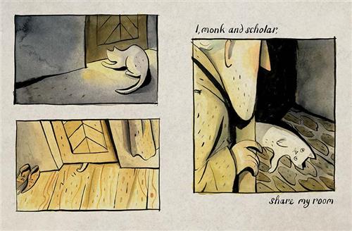  This image is a series of three scenes. First, it is dark. Light comes from under a brown door in a grey wall. A white cat leans toward the light. Next, light is in a room with a brown door. Shoes and a jacket are beside the door. A white paw shows from underneath the door. Lastly, a man with light skin tone looks out onto a cobblestone path. The cat is on its back with its paws in the air and looks up at him. Text: I, monk and scholar, share my room. 