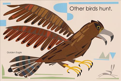  Many different, colourful birds are across the page. They are flying, sitting, and standing on branches. Text: All birds are very busy! 