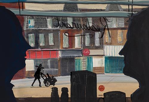  The silhouettes of two people’s heads, a napkin holder, a mug, and a salt and pepper shaker are inside of a window marked “Restaurant”. Outside of the window is the silhouette of a man pushing a cart. The man has on a tall hat with a wide brim. On the other side of the street is a row of buildings. A basketball bounces down the street. 