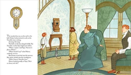  A living room has two green armchairs  and a view of the stairs. A man and a woman with light skin tone and orange hair sit in the chairs. Two children with light skin tone stand between the living room and the hall. Everyone looks at an antique phone in the hall. Above the text is an antique clock. The text says the Tweedles are waiting for a call from Gladys. They watch the wooden box. When she calls they all startle. The girl, Franny, answers the phone. Her mother tells the father that she is so clever. 