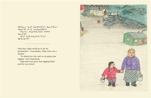  A woman and a child with medium light skin tone walk hand in hand. They both carry buckets and are wearing jackets and boots. Behind them are a few houses beside a rocky shore. Text: Most days Alego would go to see her grandmother Anaanatsiaq. Today there was a surprise. “It’s almost low tide, and we are going clam digging,” said Anaanatsiaq. Alego had never gone clam digging before and she was excited. 