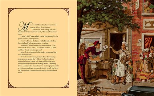  A busy sidewalk is by a bakery and a tailor. A man in red hands a letter to a man with a basket. Children by him have baskets. Behind, two women leave the seamstress. The text says Morris and Minnie’s wedding invitations are handed out by a servant in red. The people are shocked by the gold ink and red seal. They spread rumors about the grandeur of the wedding. They wonder if it’ll be in a great hall, if the best seamstresses are making the wedding dress, and if they hired the famous Casa Loma Orchestra. 