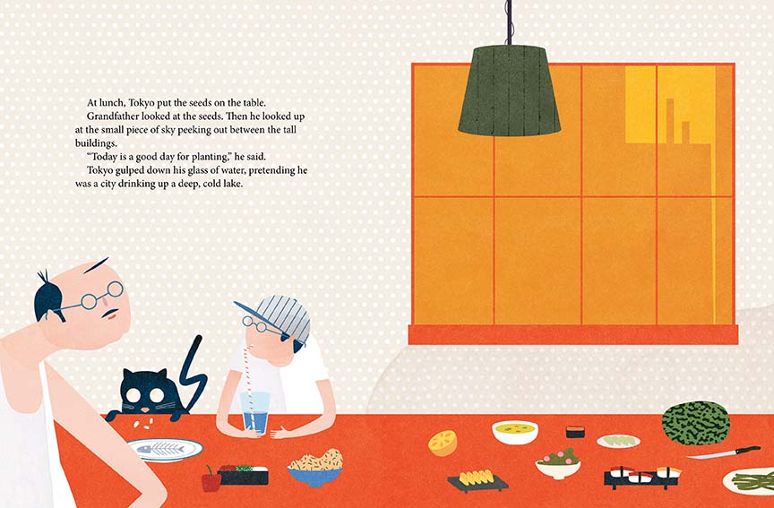  A dense cityscape shows buildings bunched together and overlapping. Trees, plants, and bushes of all shapes and colours are on top and between the buildings everywhere. The sky is pink. On the ground, cars are floating in water. Text: The day after that, huge trees towered over apartments. Their strong roots broke the pavement. Vines climbed skyscrapers. Water poured from fire hydrants, flooding the streets and turning them into rivers. 