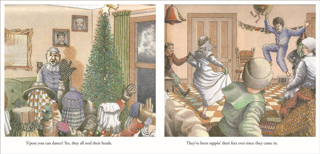  In a dark bedroom, a boy and a girl with light skin tone by the bed look out the window holding teddy bears. Outside is a person whose face is covered by a sheet with a hat over it. They carry a wooden club and their other hand is in a rubber boot. Behind are two other people with sheets on their heads and hats. Text: Hark, what’s the noise out by the porch door? Granny, ‘tis mummers, there’s twenty or more. Her old withered face brightens up with a grin. Any mummers, nice mummers ‘lowed in? 