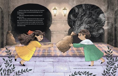  Two curved entrances are in a courtyard with lamps. Two girls with medium skin tone stand in the middle. One wears a yellow dress with a red bow in her hair. Her arms go toward the other girl. The other girl wears a green dress with a white shawl. She has a brown sack in her arms. Whisps of flour come of the brown sack. A second sack is in the corner of the courtyard. Text says that Miriam follows Jasmine, who gets two sacks of flour and gives one to Miriam. Jasmine asks why Miriam has no flour at home. 