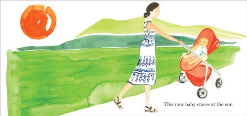  A grassy parkland has some green hills. The sun is large and red. A woman with light skin tone walks down a path with a baby in a stroller. The baby sits up and has one hand to their mouth. Text: This new baby stares at the sun. 