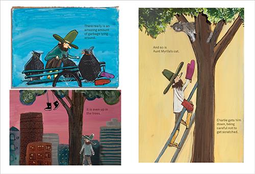  This image is a double page spread. To the left the image is split. Above is a man and garbage bags in a cart. He wears a tall green hat with a brim. Pink and red oven mitts are on the ground. Below, the man stands by a tree. Sneakers hang by the laces in a branch. The background is a cityscape. To the right is a tree with a grey cat on a branch and a ladder on the trunk. A man climbs the ladder with one arm toward the cat. He wears pink and red oven mitts and a tall green hat with a wide brim. 