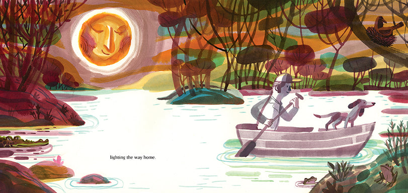  It is nighttime. A full moon with a face and closed eyes and a smile is casting light on a swamp. The swamp is surrounded by rocks and trees. On the shores are two frogs, and an alligator swims through the water. A man and his dog are in a canoe on the water. Text: Lighting the way home. 