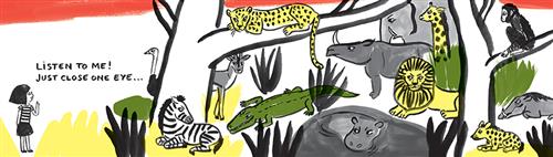  Many safari animals are in an outdoor area with a pond and two trees. The animals include a zebra, an ostrich, a gazelle, a leopard in a tree, a crocodile, a hippo in a pond, a rhino, an elephant, a lion, a giraffe, a hyena, a monkey in another tree, and a warthog. All of the animals have furrowed eyebrows. A girl with light skin tone stands facing them with one hand up. Text: Listen to me! Just close one eye… 