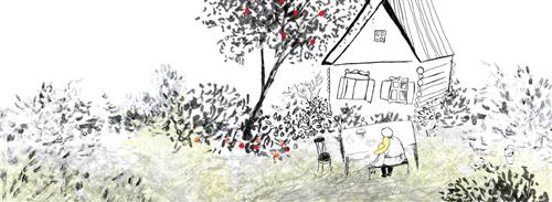  A garden with many bushes and a single apple tree surrounds a small log house. In the garden is a dining table with one chair and a bench. An adult and a child sit together on the bench. The adult has one arm around the child. On the table are a pot and two plates. 