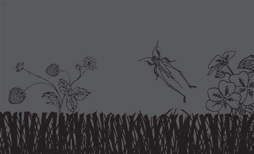  This image is in shades of black and grey. Black blades of grass are all the same height. A strawberry plant grows above the grass. A flower grows on the other side. A grasshopper is in the air. 