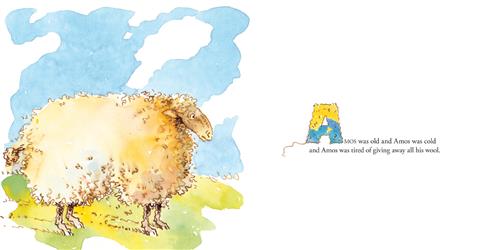  A sheep with fluffy wool is standing on green grass. Text: Amos was old and Amos was cold and Amos was tired of giving away all his wool. 