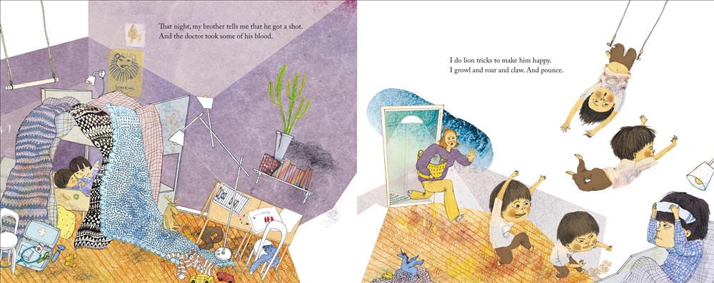  The image is split in two. On the left, big brother and little brother cuddle together at the bottom of a bunk bed in their bedroom. Big brother holds a large toy needle in his hand while telling little brother about getting a shot. On the right, big brother is in the top bunk of the bed, holding a cloth to his head. Little brother runs around like a wild animal. Mom runs in the door, one hand outstretched to make a “stop” motion. 