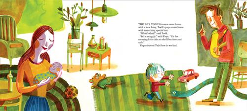  In a living room are rugs, armchairs, side tables, and plants. A woman with light skin tone holds a baby. A man with light skin tone has a baby carrier around him. A boy with light skin tone goes to the man with his arms out. Toys are on the floor. Text: The day Todd’s mama came home with a new baby, Todd’s papa came home with something special too. “What’s that?” said Todd. “It’s a snuggly,” said Papa. “It’s for carrying little Ada so she’ll be close and safe.” Papa showed Todd how it worked. 