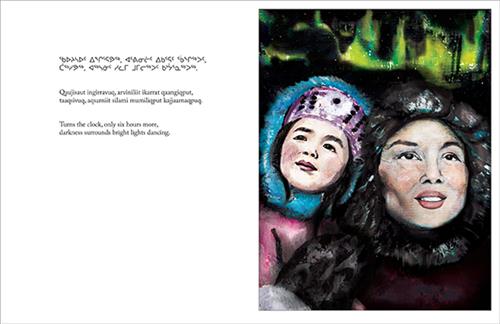  A woman and a girl with light skin tone stand outside at night. They are wearing winter jackets. Behind them is a green strip of the Northern Lights. Text: Turns the clock, only six hours more, darkness surrounds bright lights dancing. 