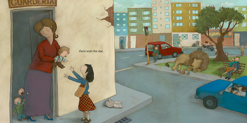  A grassy area is between a road and a cityscape. A girl with light skin tone stands on the grass in front of a giant lion. The lion sits and looks at her. She is holding up a flower. Text: Keep me company on the way home. 