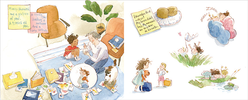  This image is a double page spread. To the left is a laundromat. A woman with light skin tone uses a machine. A child with medium skin tone is on a table. Speech bubbles with numbers rise from them. The text on a sticky note says: I bought you bug spray. Bring math homework to laundromat. I quiz. You fold. To the right, a dresser has sticky notes. Text: I can’t go away. Lester needs me too much! Beside the dresser the child plays with a cat. Next, they watch cheese by a mouse hole. Next, they lie in bed. 