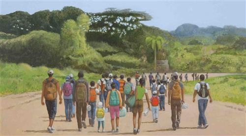  A wide dirt road curves beside a jungle with palms and thick trees. A large group of people walk down the road. They have backpacks, bags, and containers of water. They have medium dark skin tone. 