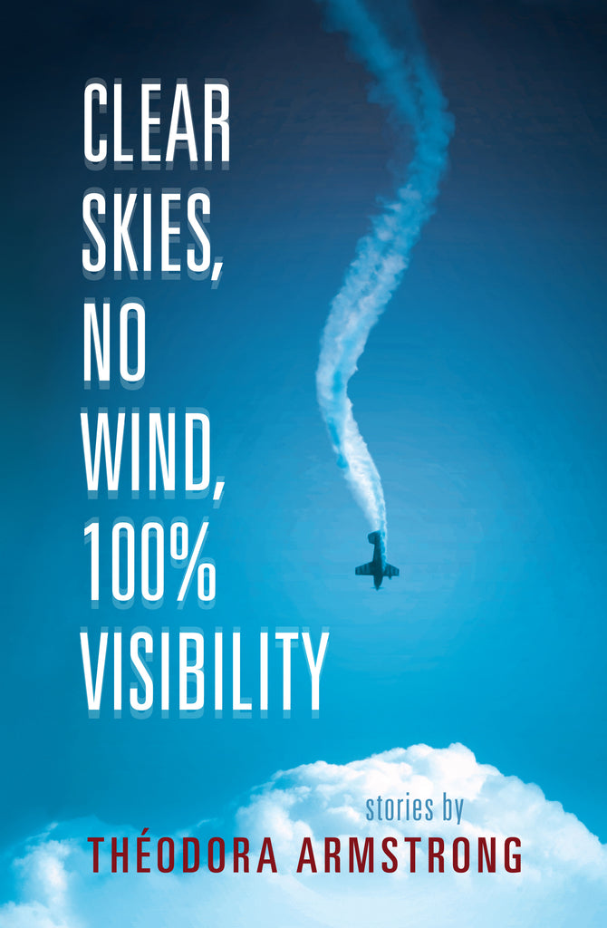  Small white dots are on a blue background. There are also six small star shapes among the dots. At the bottom is a dense section of darker blue lines. A pile of three books lay on top of those lines. The title of the book on top reads ÒAstronomyÓ. A person and a dog are on top of the books looking up at the dots and stars. Wavy sections of lines cross through the dots and stars. Text: Clear Skies. Jessica Scott Kerrin. 