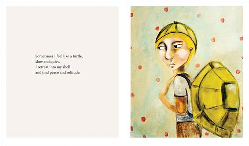  A person with light skin tone stands in front of a wall. They are wearing a green hat and a green backpack. The backpack is shaped like a turtle shell. Text: Sometimes I feel like a turtle, slow and quiet. I retreat into my shell and find peace and solitude. 