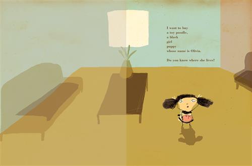  A living room has brown floors and blue walls. A girl with medium light skin tone stands beside a brown coffee table. She has black hair in pigtails and is carrying a pig shaped piggybank. Text: I want to buy a toy poodle, a black girl puppy whose name is Olivia. Do you know where she lives? 