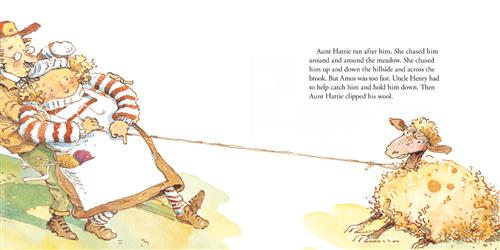  A woman and a man with light skin tone are in the grass. The man stands behind the woman and pulls her at the shoulders. The woman pulls a rope in her hands. At the other end of the rope is a sheep, who is pulling the opposite way. Text: Aunt Hattie ran after him. She chased him around and around the meadow. She chased him up and down the hillside and across the brook. But Amos was too fast. Uncle Henry had to help catch him and hold him down. Then Aunt Hattie clipped his wool. 